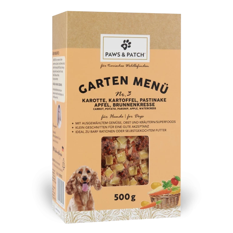 GARTEN MENÜ Nr. 3 für Hunde 500g - Karotte, Kartoffel, Pastinake, Apfel, Brunnenkresse